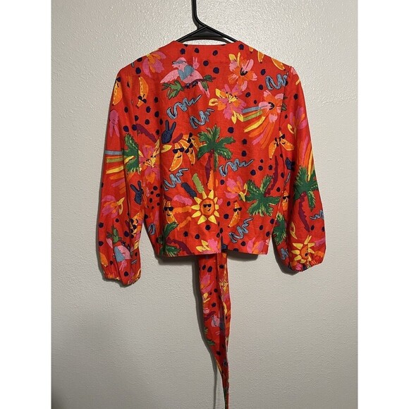 Maison d' Amelie Paris Women’s Small Funky Print Tie Front Linen Crop Top Blouse - Picture 5 of 5